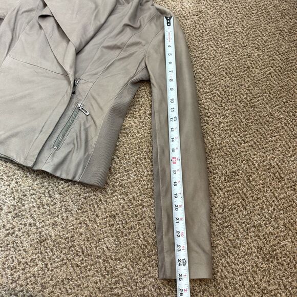 Vince Draped Neutral Tan Moto Leather Jacket Rib Knit Wool Details Size M Zipper - Picture 7 of 13